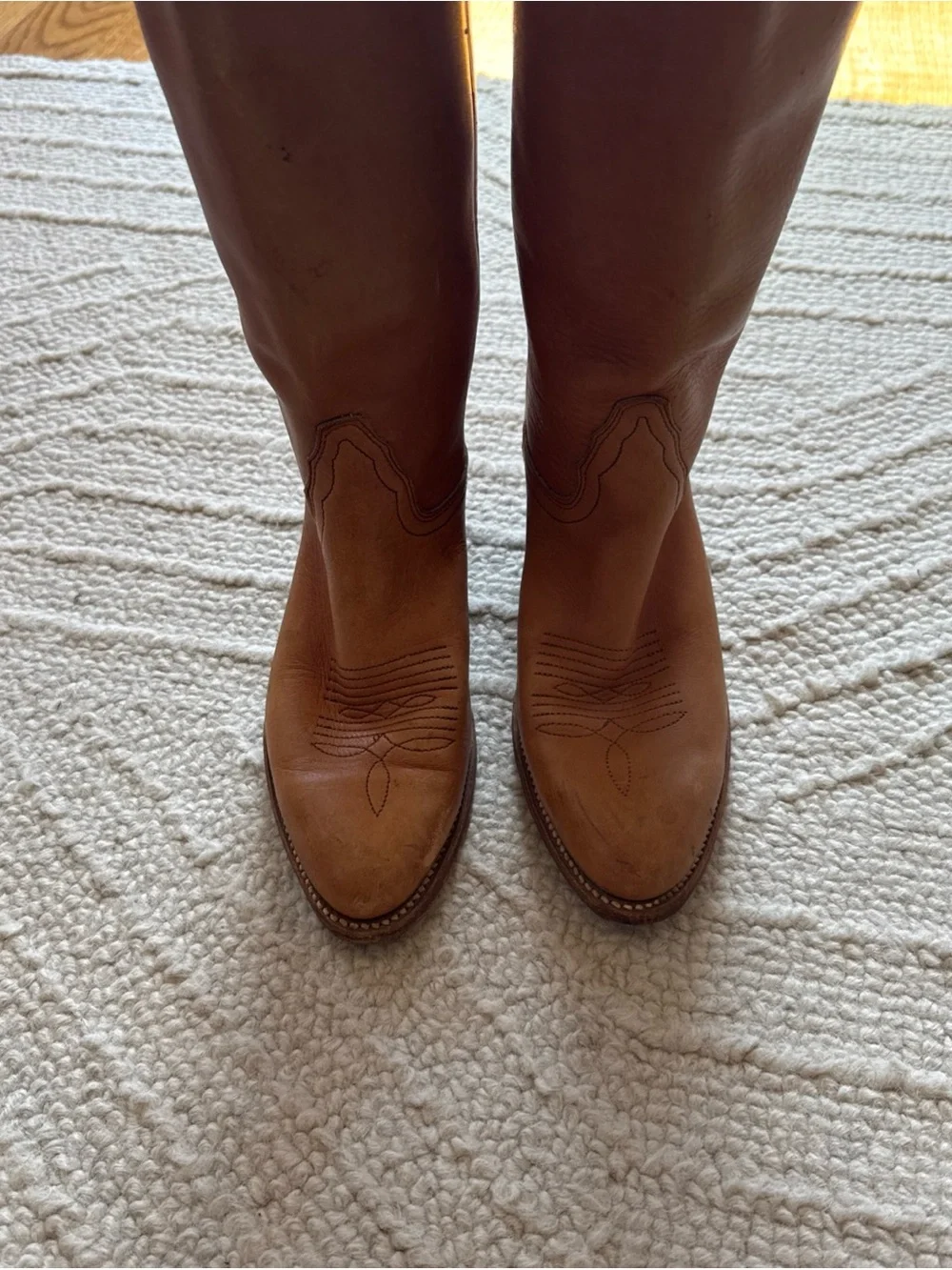 Frye Leather Western Cowboy Boots Tan Cognac Pointed Toe Tall Shaft Stacked Heel